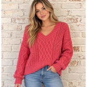 American Eagle Womens Pink Cable Knit V-Neck Cropped Sweater Size S Long Sleeve